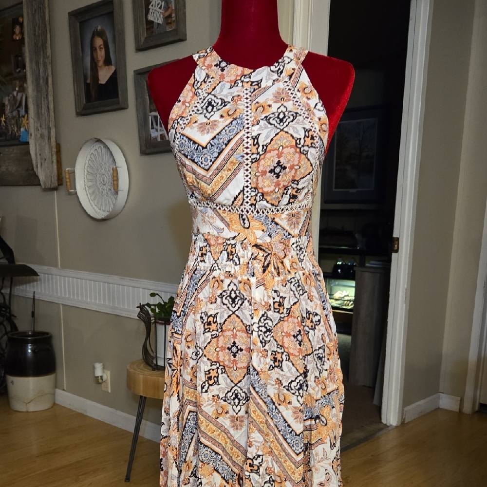 Bohemian Floral Halter Maxi Dress in Peach and Cream
